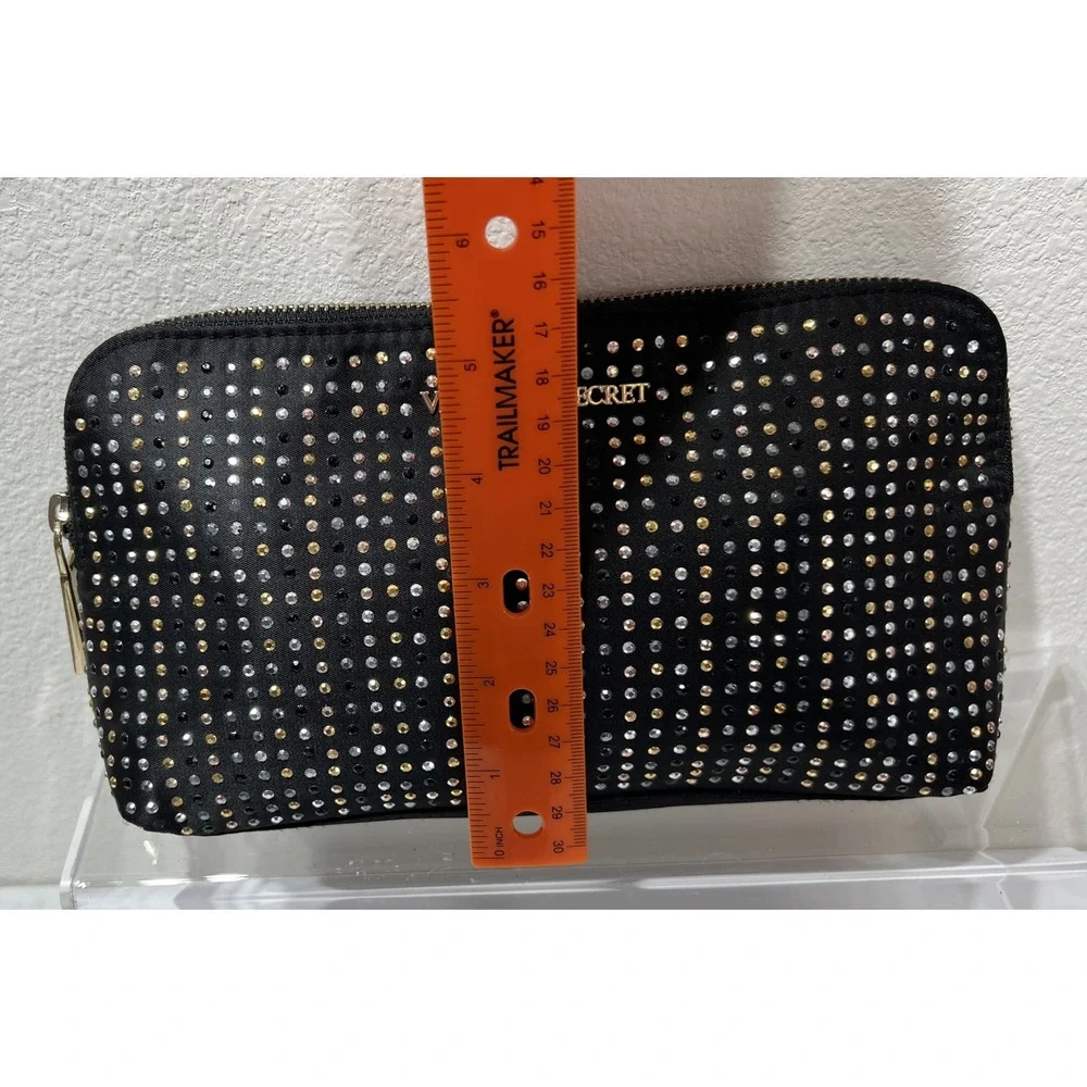 VICTORIA SECRET Makeup Bag Black With Silver & Gold Sequins Studs LEOPARD Lined